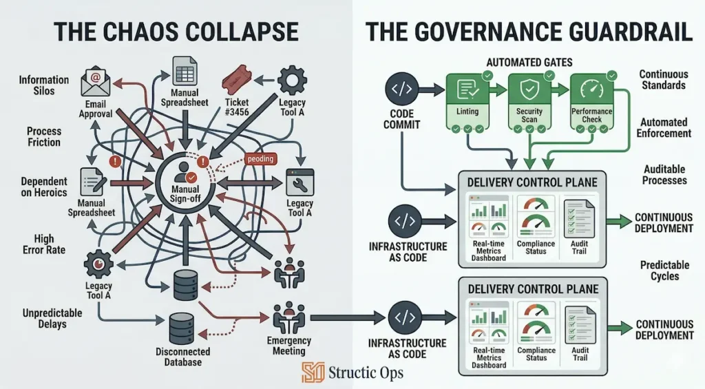 Side-by-side architectural diagram of reactive vs. proactive delivery governance