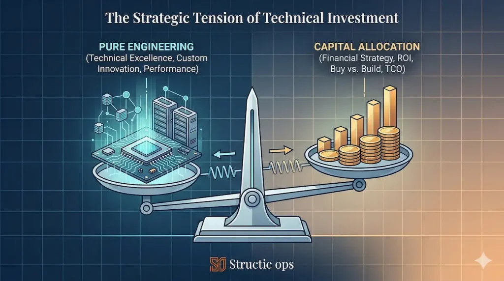 A conceptual scale balancing a glowing server node labeled 'Technical Elegance' against a golden block labeled 'Capital Efficiency', with the scale heavily favoring capital efficiency.