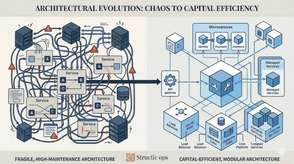 A side-by-side abstract comparison showing a chaotic, tangled web of nodes on the left versus clean, modular, perfectly aligned architectural blocks on the right.