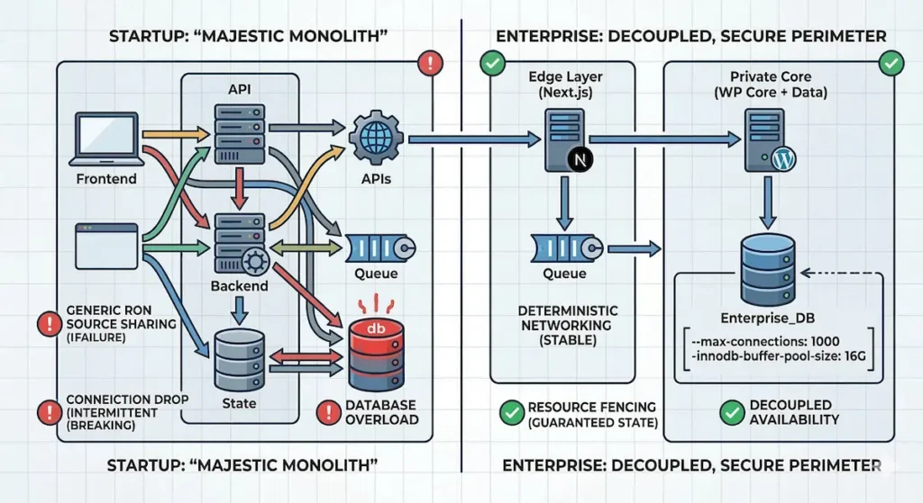 A technical architecture diagram comparing two system configurations side-by-side. The left side, "STARTUP: MAJESTIC MONOLITH," shows chaotic, overlapping connections between frontend, API, backend, and state components, resulting in an overloaded database marked with red warning icons indicating connection drops and resource sharing failures. The right side, "ENTERPRISE: DECOUPLED, SECURE PERIMETER," shows a clean, linear architecture with isolated boundary boxes for an Edge Layer and a Private Core. Green checkmarks highlight deterministic networking, decoupled availability, and guaranteed resource fencing for the enterprise database.